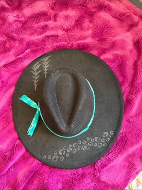 Black Wide-Brim Felt Hat with Teal Ribbon and Leopard Accents